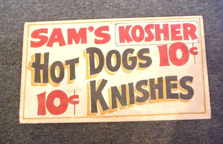 Folky and all original hand painted Sam's Kosher Hot Dogs & knishes deli sign from a old Jewish deli in New York & Los Angeles . The sign is hand made from wood and free hand stencil letters .