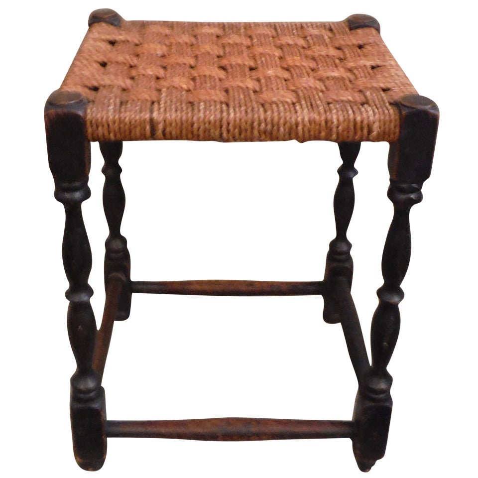 19th Century English Handwoven Hemp Seat with Turned Legs Stool For Sale
