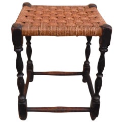 Vintage 19th Century English Handwoven Hemp Seat with Turned Legs Stool