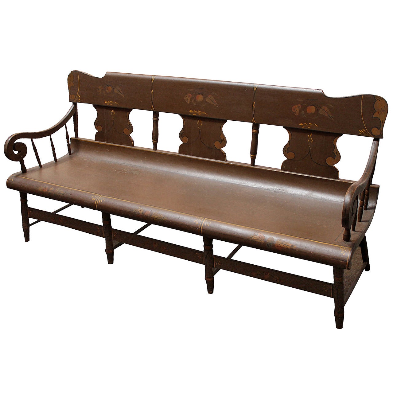 Finely Decorated and Painted 19th Century Settle Bench from Pennsylvania