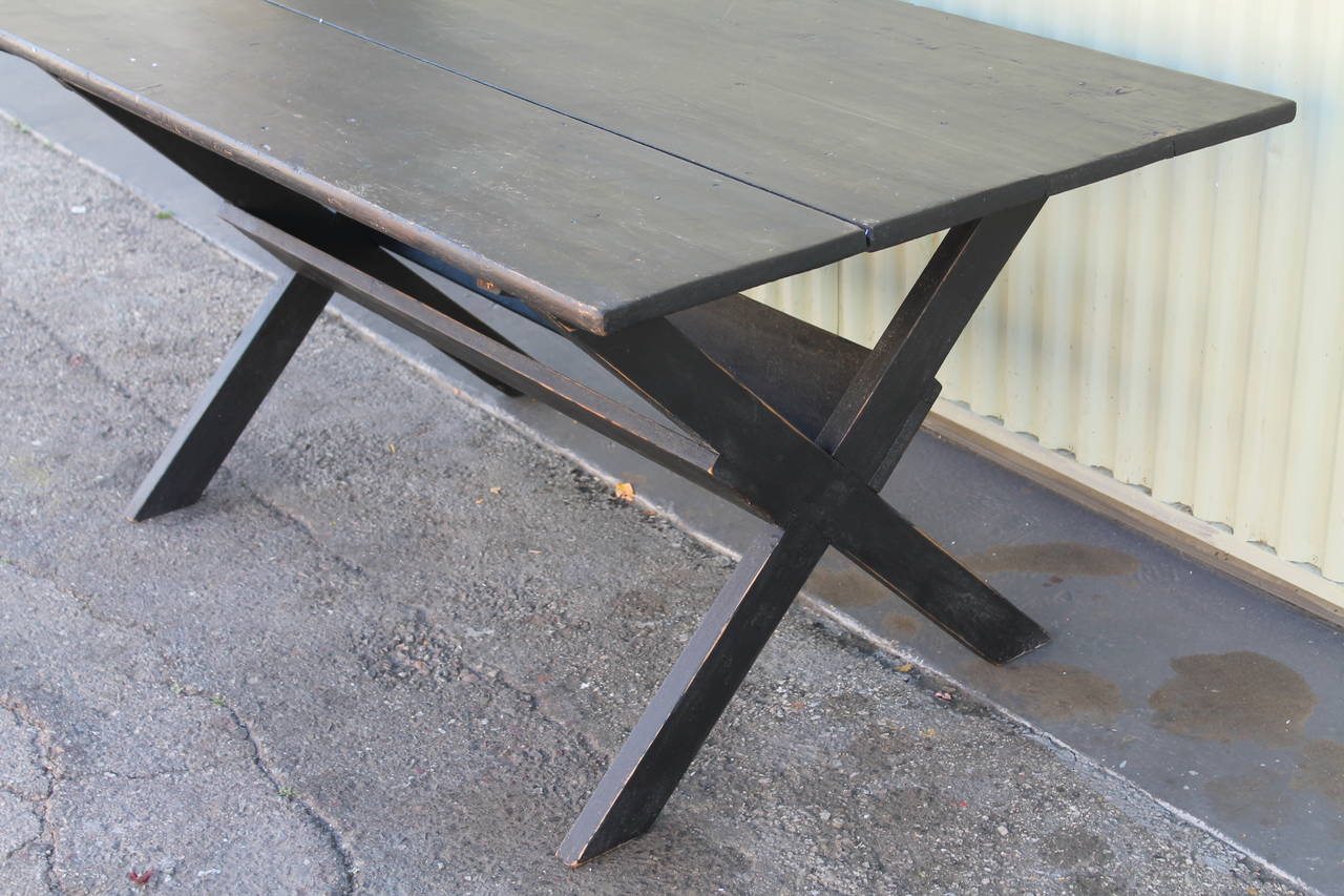 American 19thc Black Painted New England Sawbuck Table