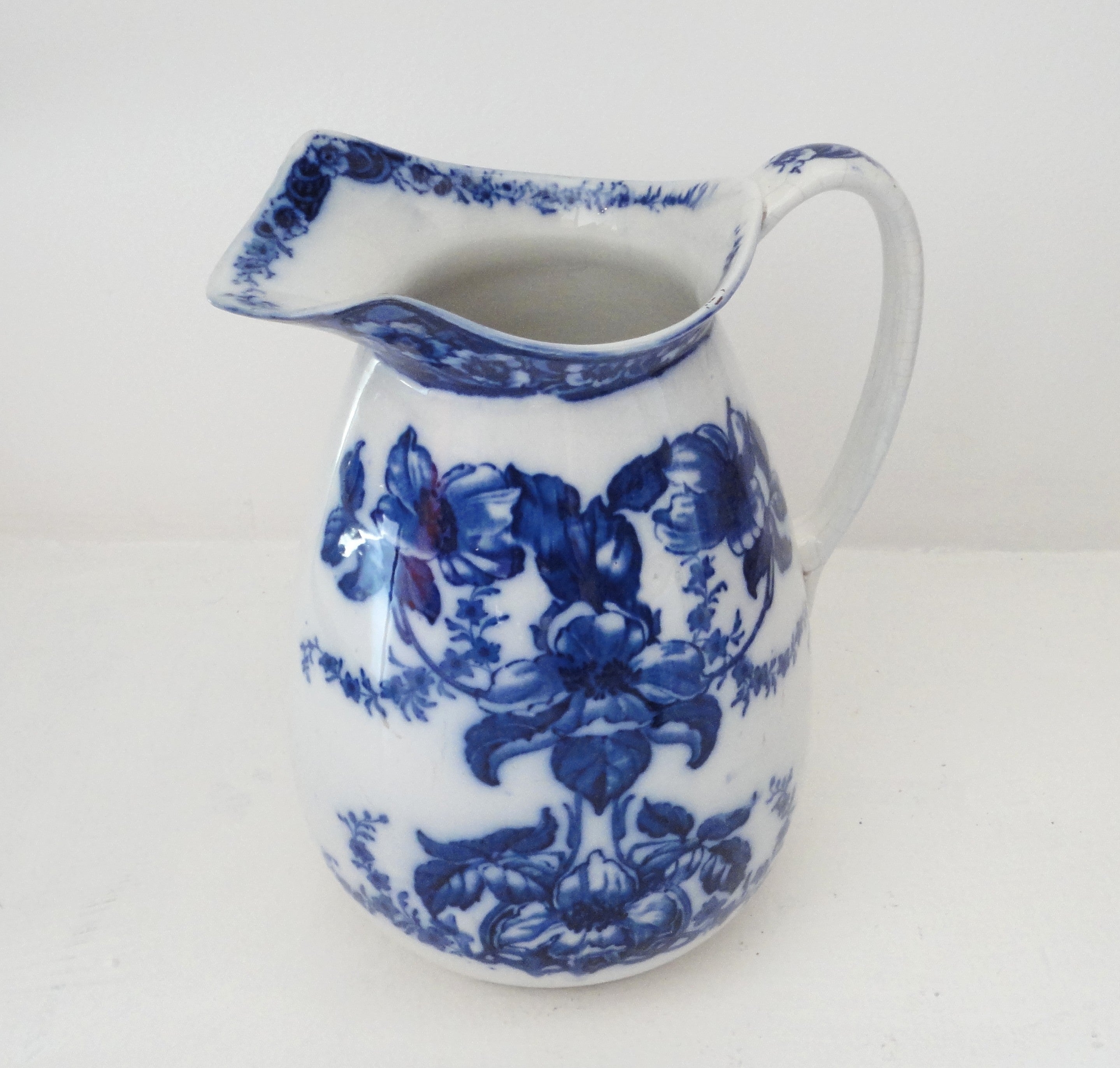 Amazing 19th Century Large Floral Flow Blue Water Pitcher