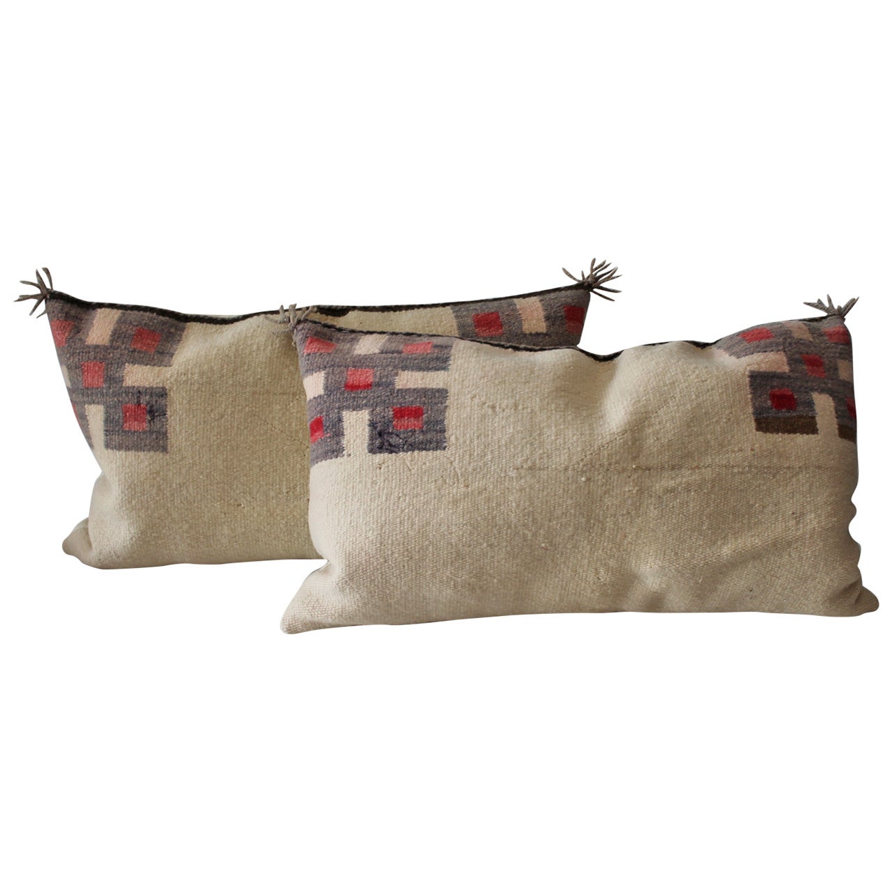Fantastic Pair of Geometric Navajo Indian Weaving Saddle Blanket Pillows