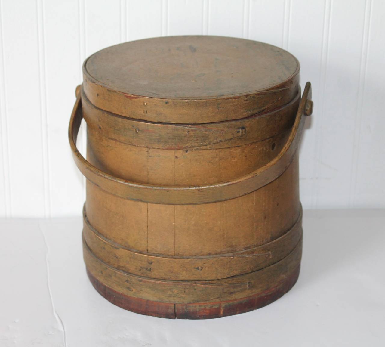 Folk Art 19th Century Original Mustard Painted Furkin or Bucket from Maine