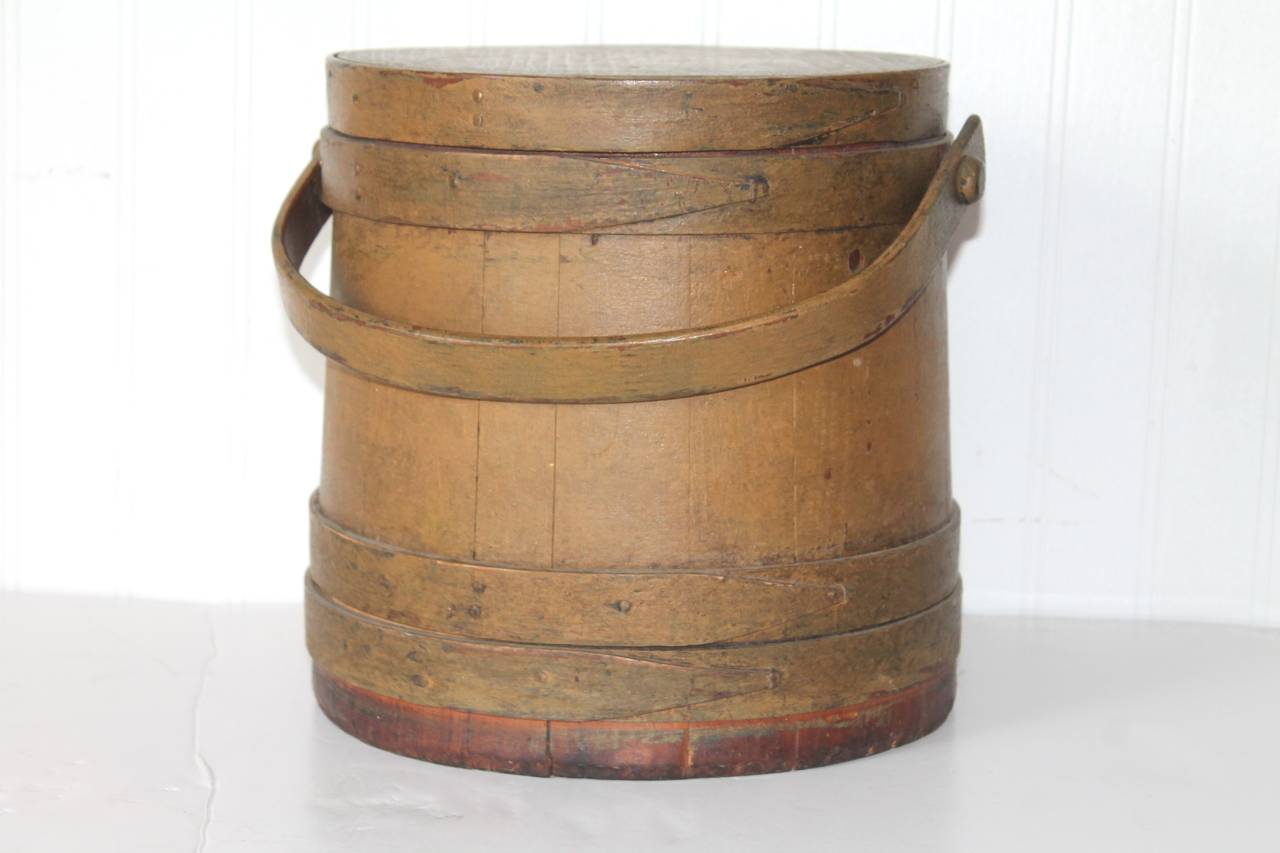 19th Century Original Mustard Painted Furkin or Bucket from Maine In Good Condition In Los Angeles, CA