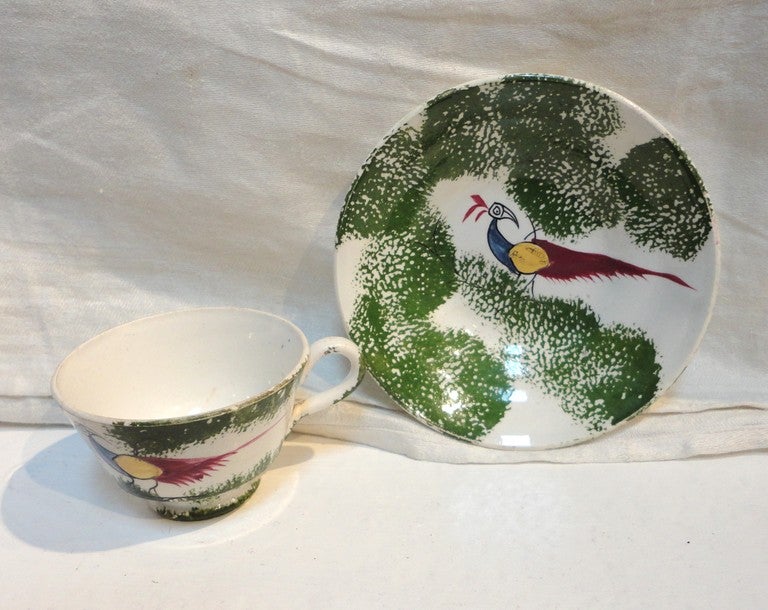 Country Early and Rare 19th Century Peafowl/Stick Spatter Childs Cup and Saucer For Sale