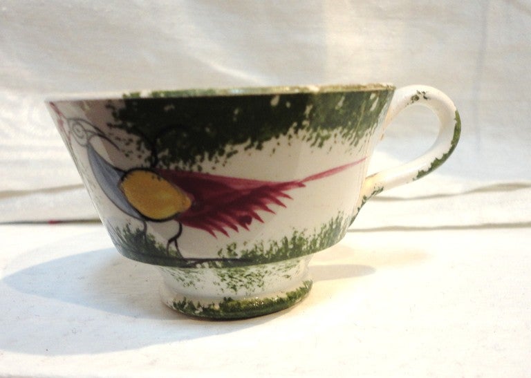 Early and Rare 19th Century Peafowl/Stick Spatter Childs Cup and Saucer For Sale 1