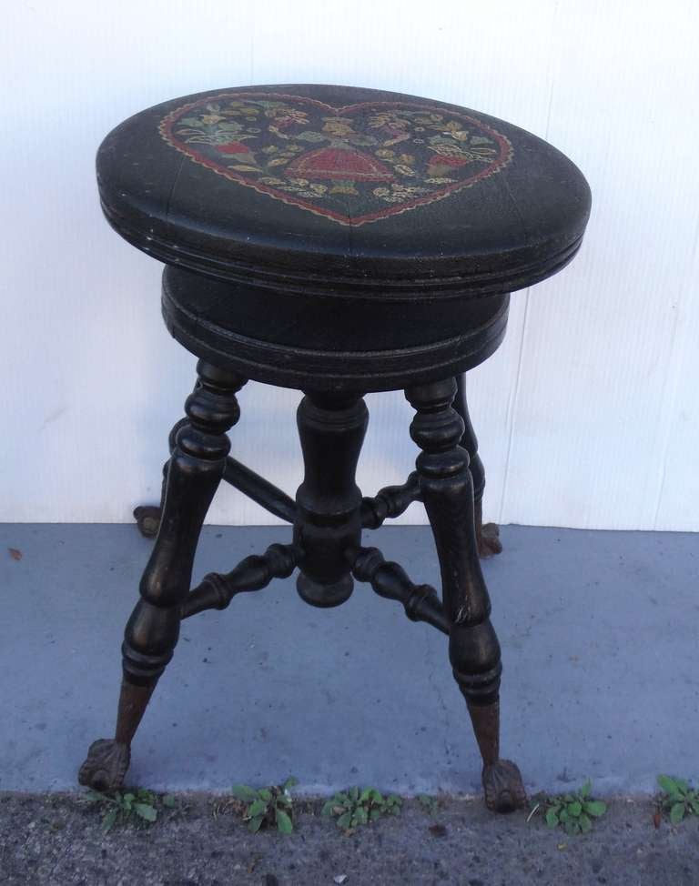 American Early 19th Century Original Paint Decorated  Dutchy Heart Piano Stool For Sale