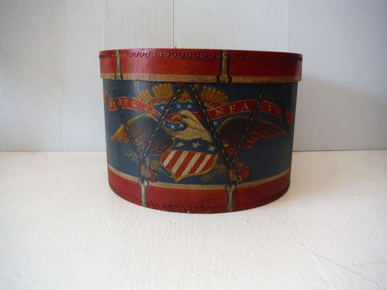 This amazing original painted wood hat or large band box is in great condition. It was found in a private collection in the west coast .This patriotic box The Ninth United States Infantry Regiment which is one of the oldest active units in the Army