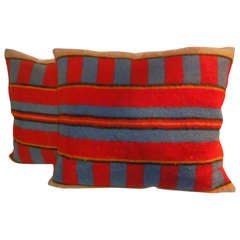 19th Century Red 
Blue Horse Blanket Pillows, Pair