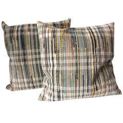 Antique Pair of Multi Colored 19th Century American Rag Rug Pillows