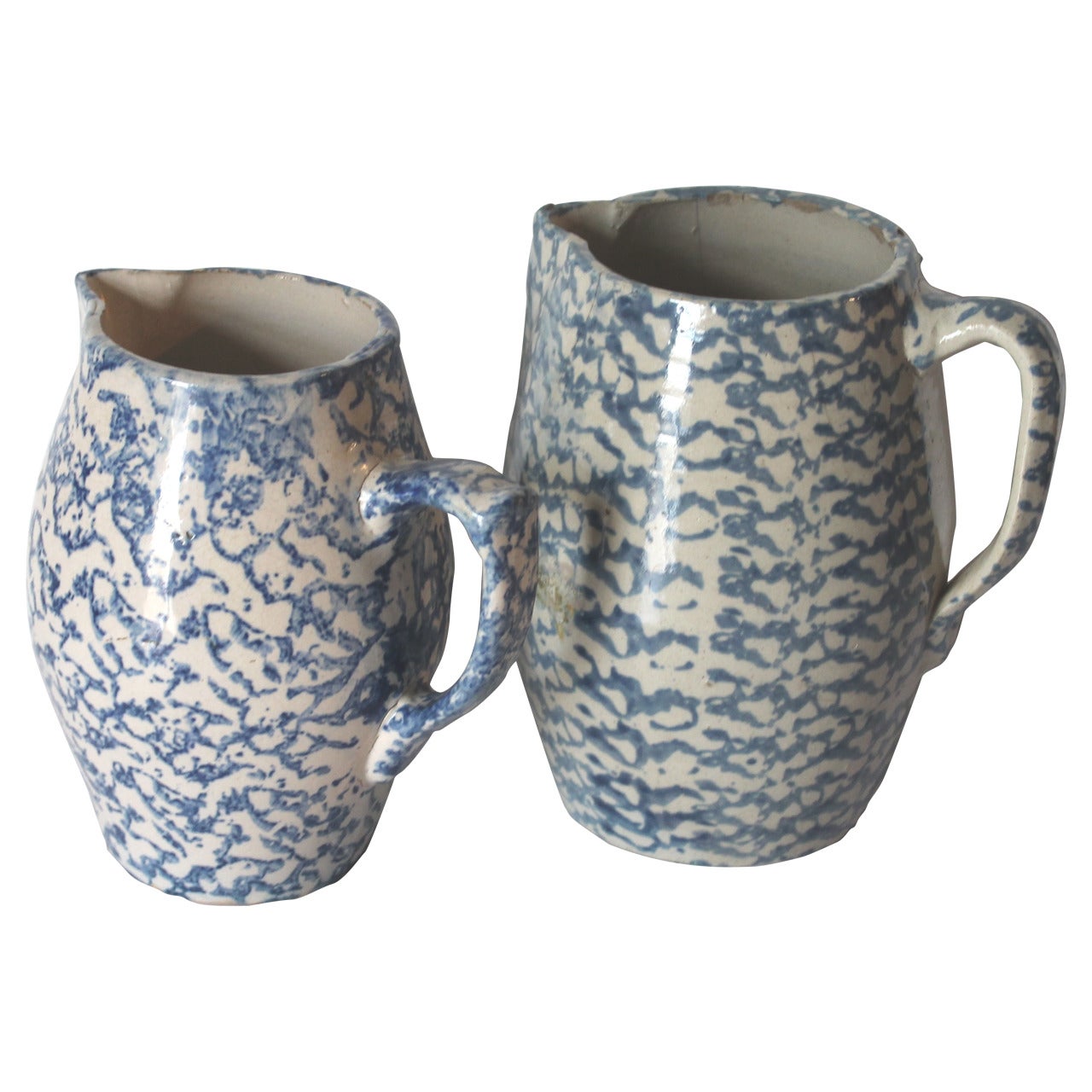 Two 19th Century Rare Form Sponge Ware Pottery Pitchers