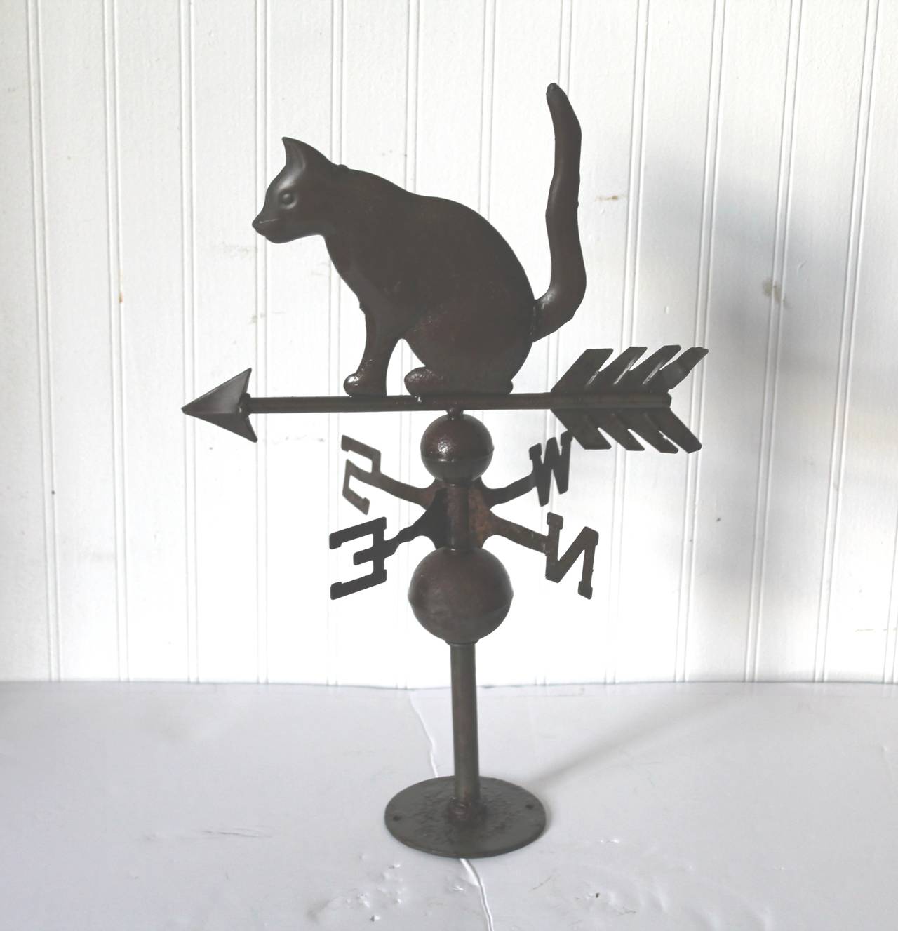 Folk Art Early 20th Century Diminutive Tin Cat Weathervane on Original Base