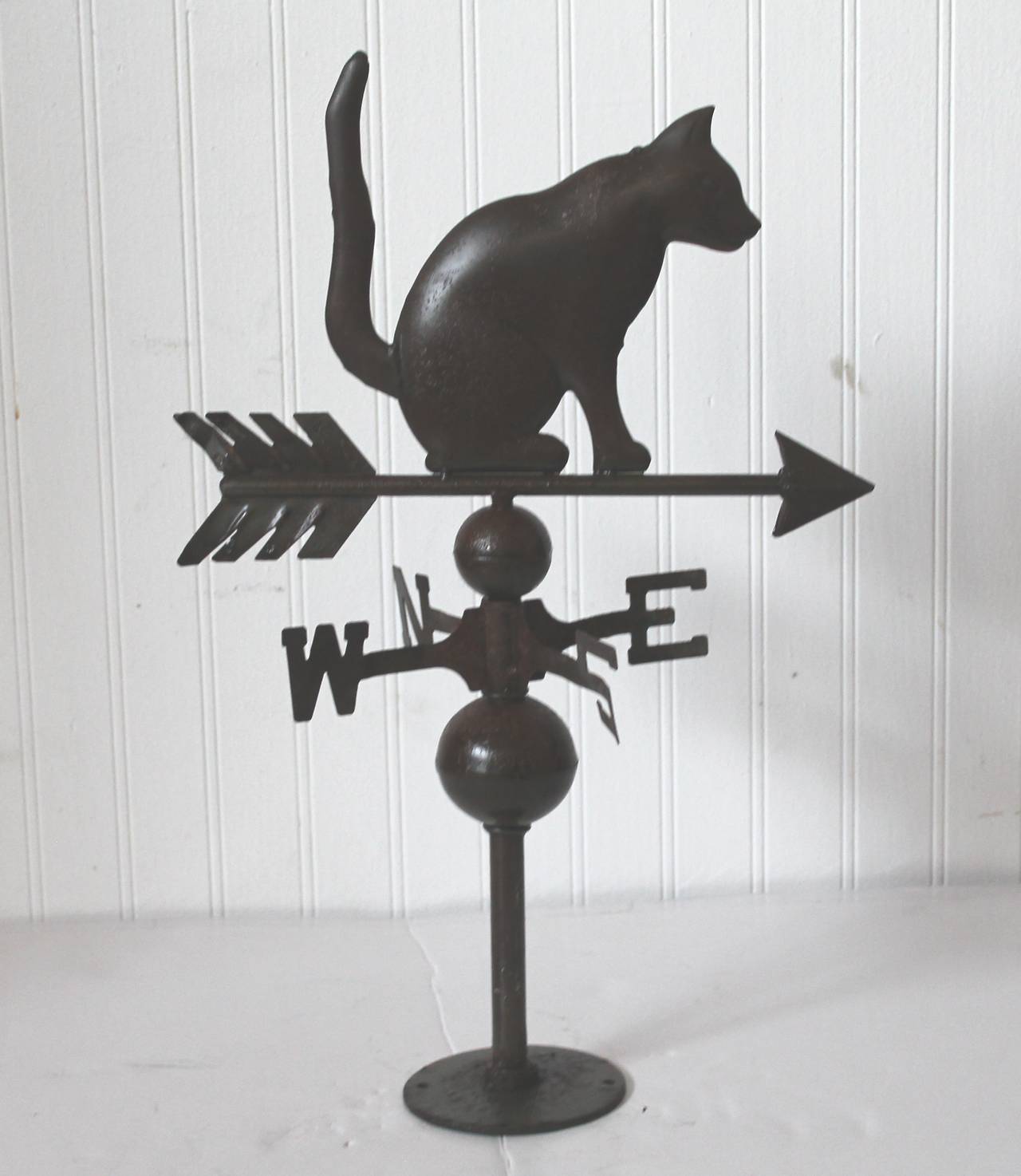 Forged Early 20th Century Diminutive Tin Cat Weathervane on Original Base