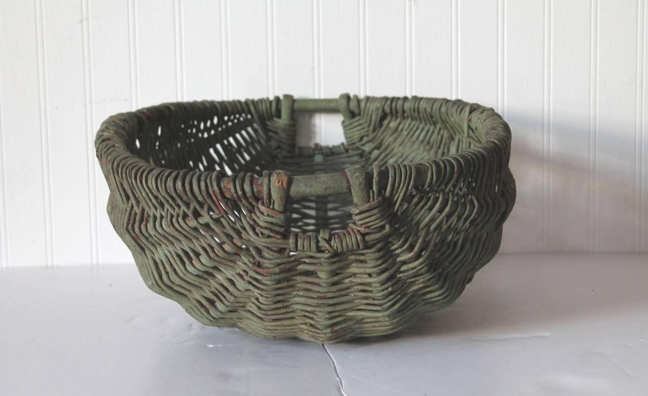 19th Century Original Sage Green Painted New England Basket In Distressed Condition In Los Angeles, CA