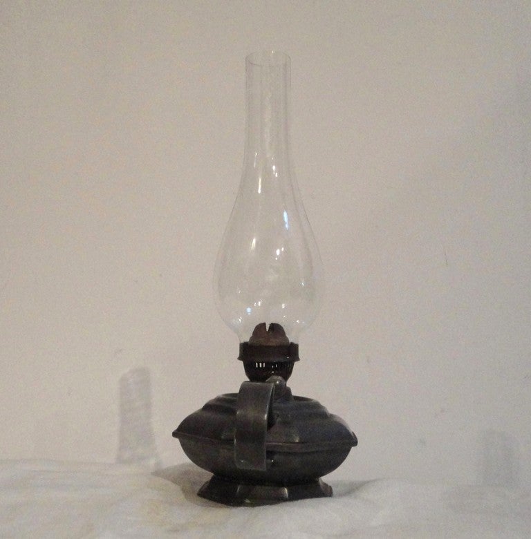 19th Century Pewter Oil Lamp with Original Glass Globe For Sale at 1stdibs