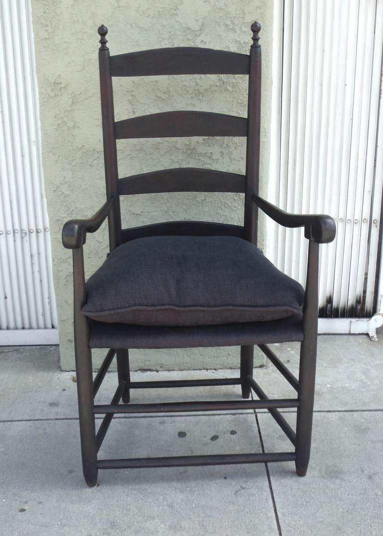 American 18thc Original Black Painted New England Ladder Back Arm Chair
