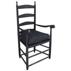 18thc Original Black Painted New England Ladder Back Arm Chair