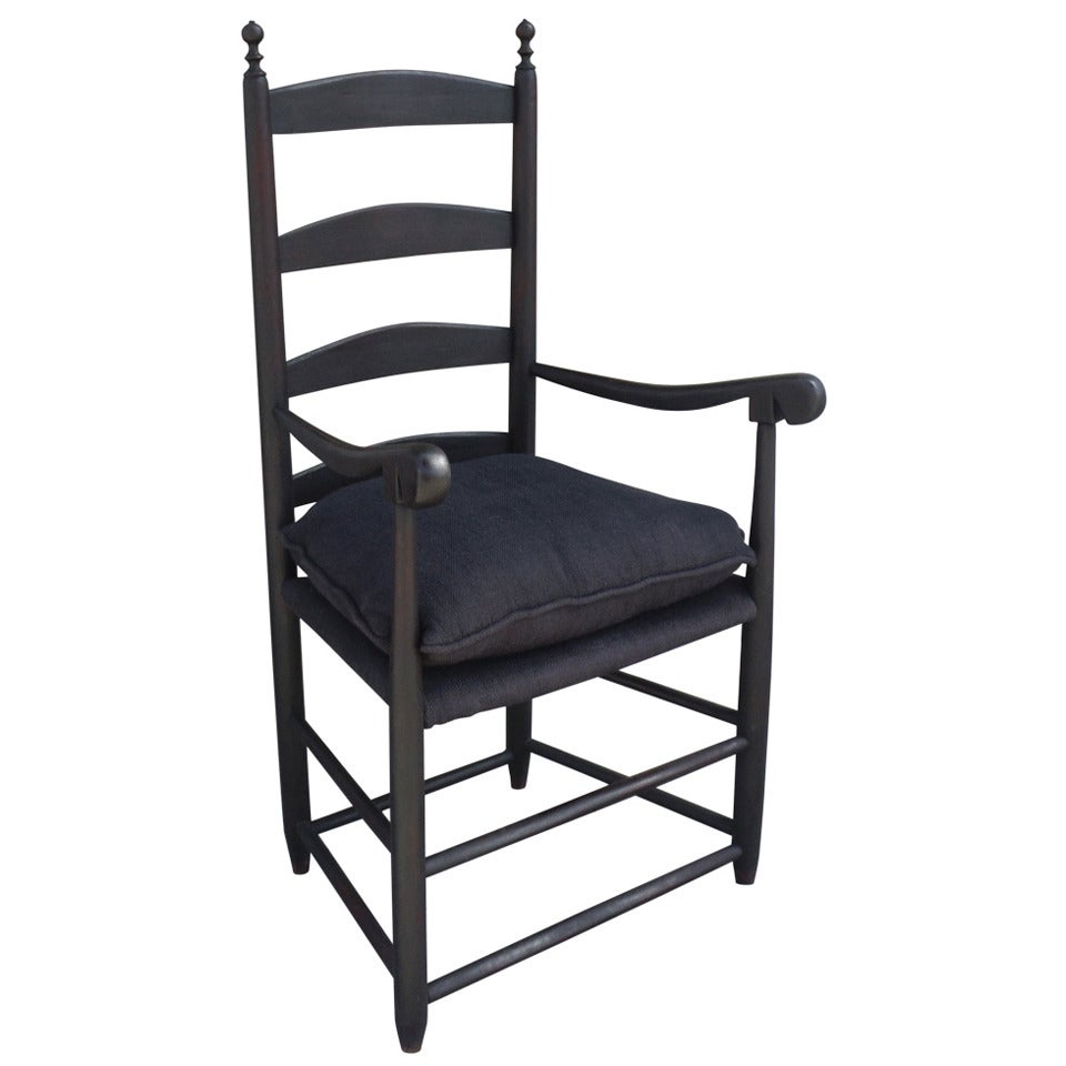 18thc Original Black Painted New England Ladder Back Arm Chair