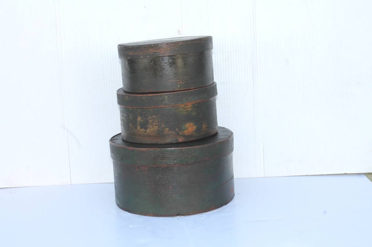 19th Century Original Dark Green Painted Pantry Boxes, Stack of Three In Distressed Condition In Los Angeles, CA