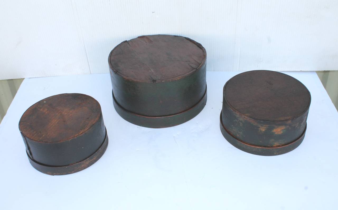 19th Century Original Dark Green Painted Pantry Boxes, Stack of Three 3