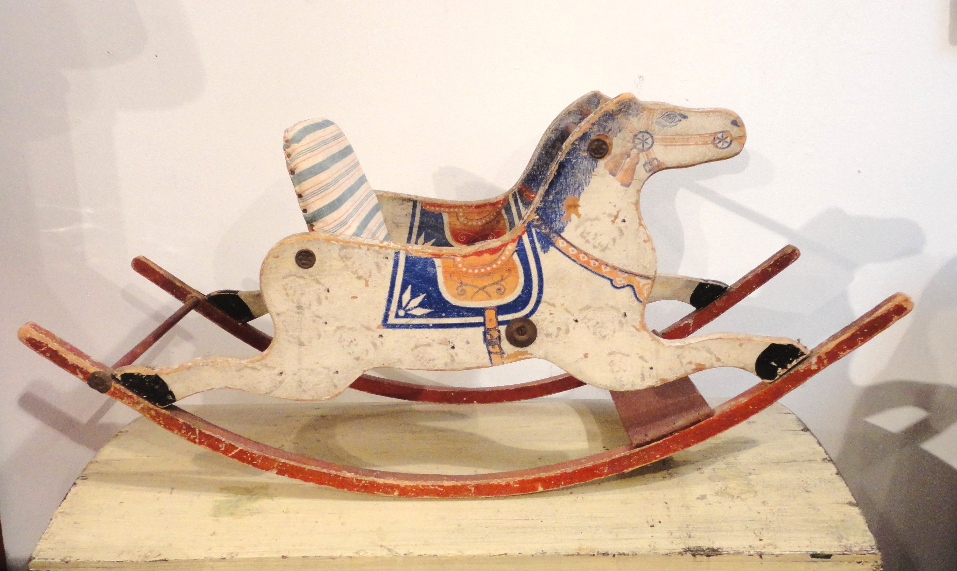19thc Original Red, White & Blue Decorated Rocking Horse