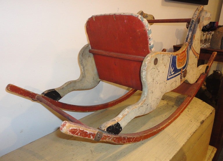 19thc Original Red, White & Blue Decorated Rocking Horse In Excellent Condition In Los Angeles, CA