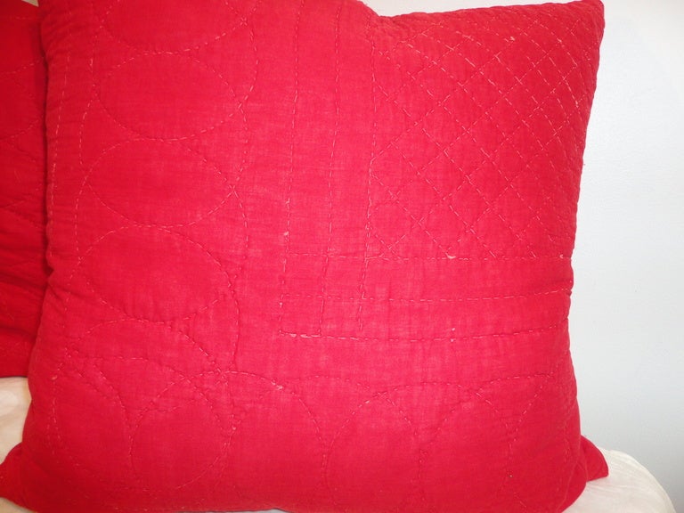 Folk Art 19th Century Red Quilted Fabric from Pennsylvania Pillows, Pair