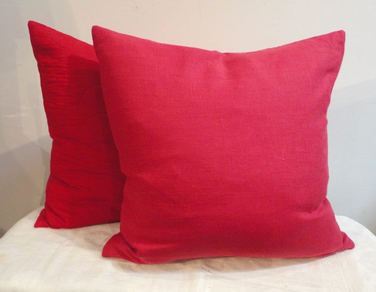 American 19th Century Red Quilted Fabric from Pennsylvania Pillows, Pair
