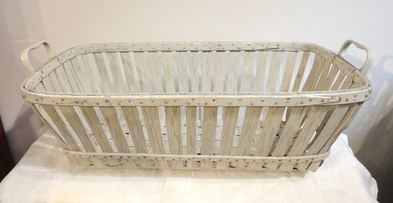 19thc  Fantastic Shaker Style Large White Painted Basket From Maine