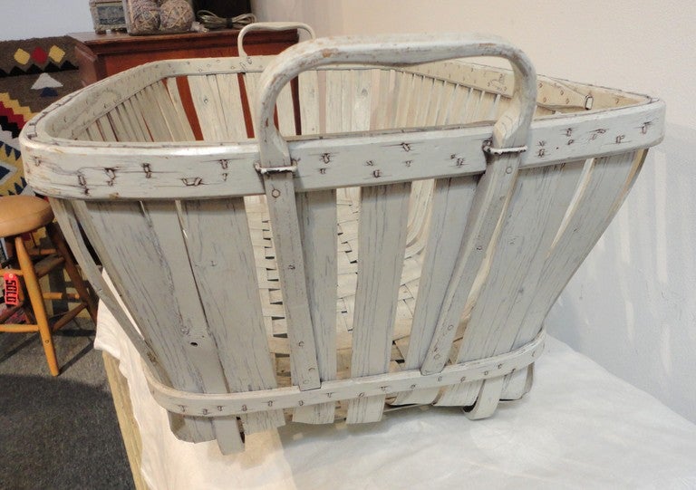 19th Century 19thc  Fantastic Shaker Style Large White Painted Basket From Maine