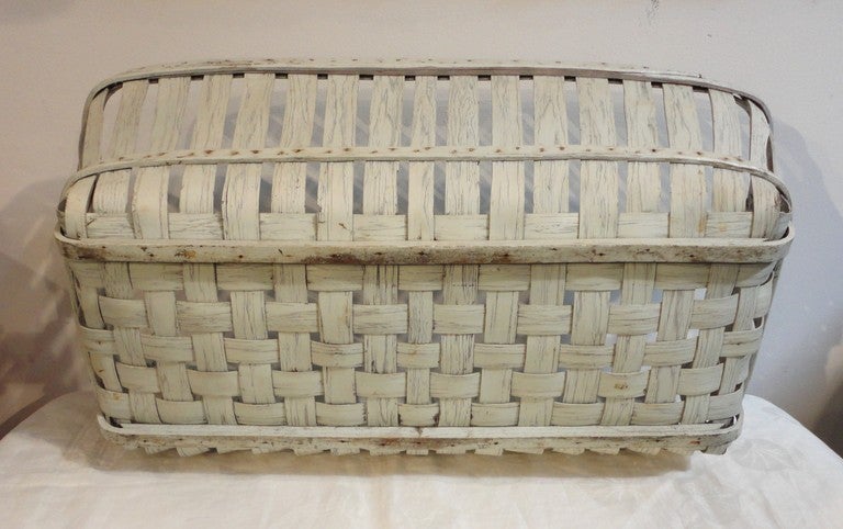 Pine 19thc  Fantastic Shaker Style Large White Painted Basket From Maine