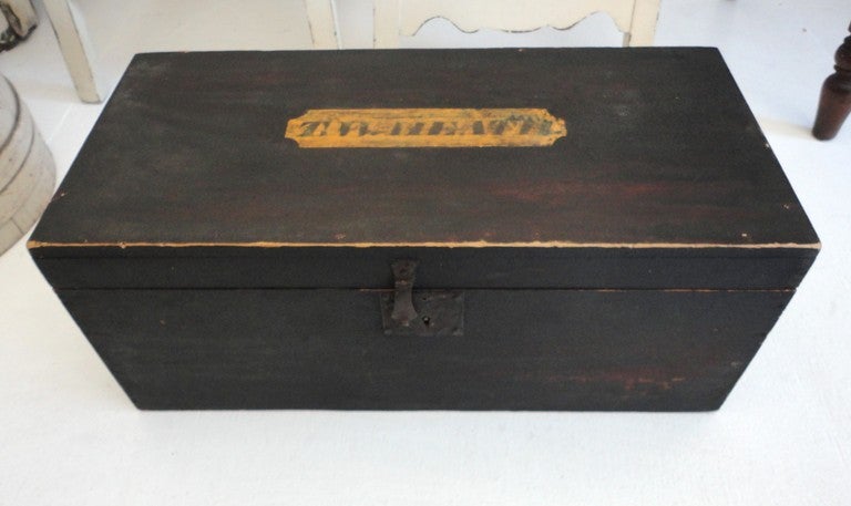 This amazing original painted document box has a wonderful crusty surface and signed by the maker TW HEATH and was from Bradford ,Vermont.This box was made in 1810 and dated as such.The construction is early cut nails and original hardware &