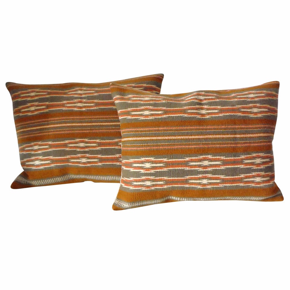 Pair of Geometric Navajo Indian Weaving Bolster Pillows 