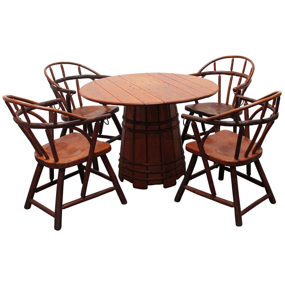 Old Hickory Barrel Based Dining Set with Four Loom Back Chairs