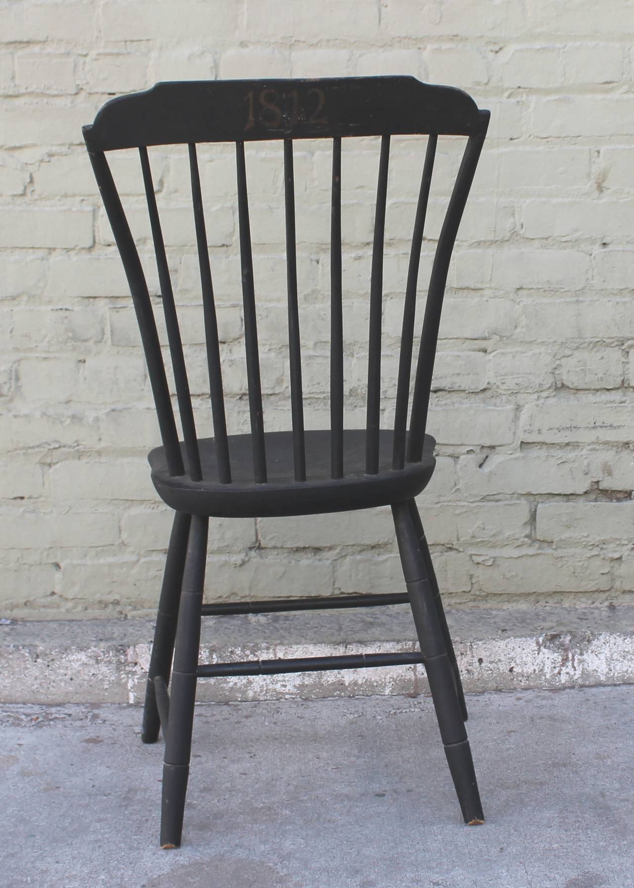 Early 19th Century Original Black Painted Step Down New England Windsor Chair, Dated 1812 For Sale