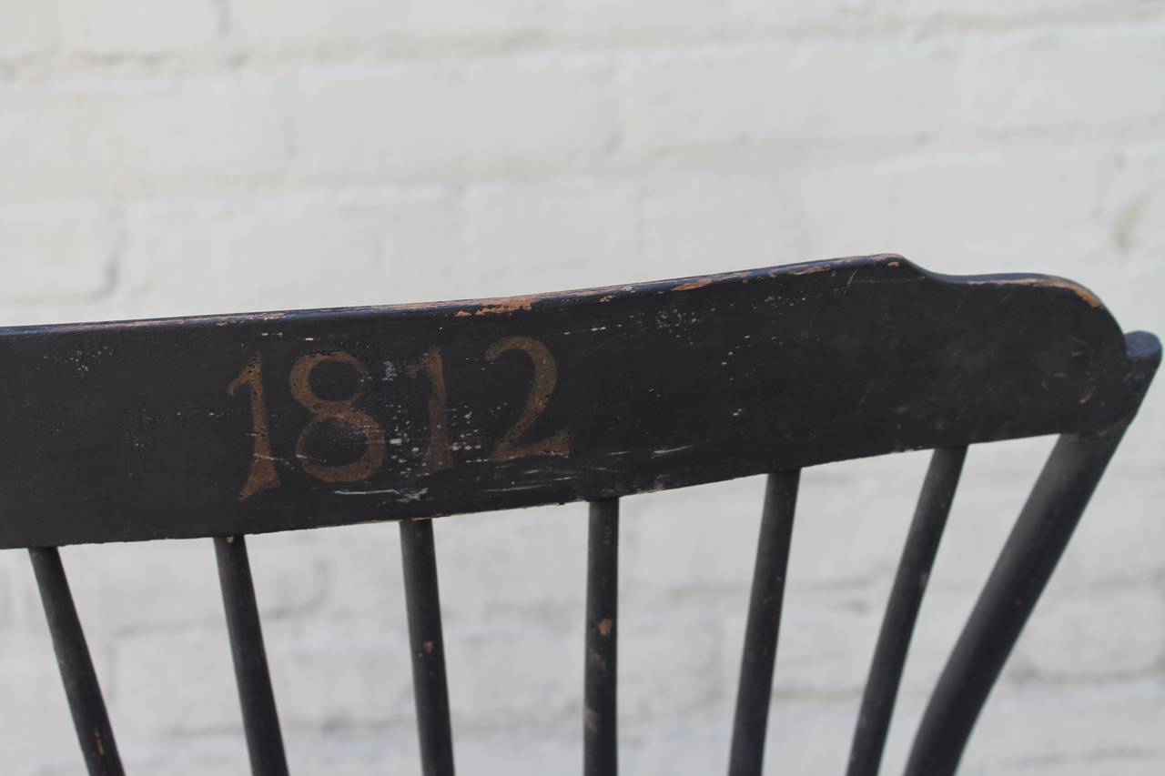 Wood Original Black Painted Step Down New England Windsor Chair, Dated 1812 For Sale