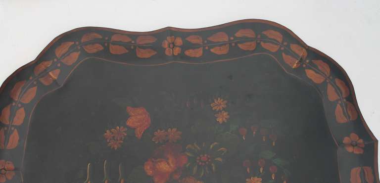 Américain Grand plateau en étain décoré de peinture d'origine du 19ème siècle