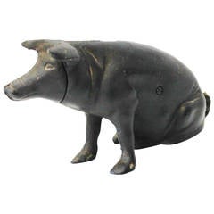 19th Century Black Painted Patinated Cast Iron Pig Bank