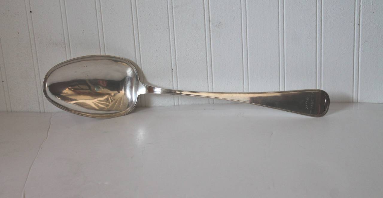 This monumental 19th century sterling silver serving spoon is Norwegian and in great condition. This is monogramed and dated 1880. This is a heavy duty spoon.