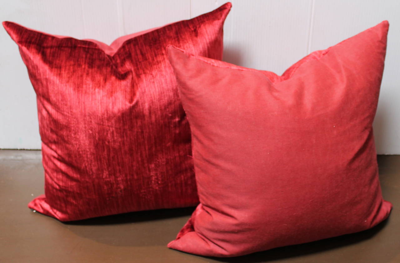 American Classical Pair of Silky Coral Red Velvet Pillows