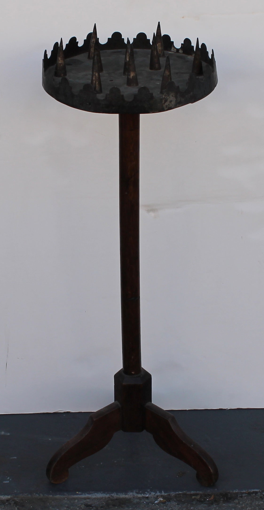 This is a early 18th century New England monumental floor candle stand is from circa 1700-1720. It is a handmade of tin the entire top and the base is hand-carved wood. This is very rare to even find as most are in private collections. The condition