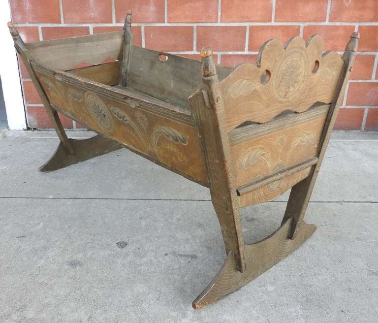 18th Century and Earlier Important & Rare Pennsylvania 18thc Paint Decorated Cradle For Sale