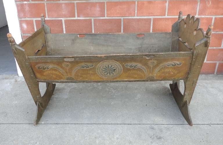 Wood Important & Rare Pennsylvania 18thc Paint Decorated Cradle For Sale