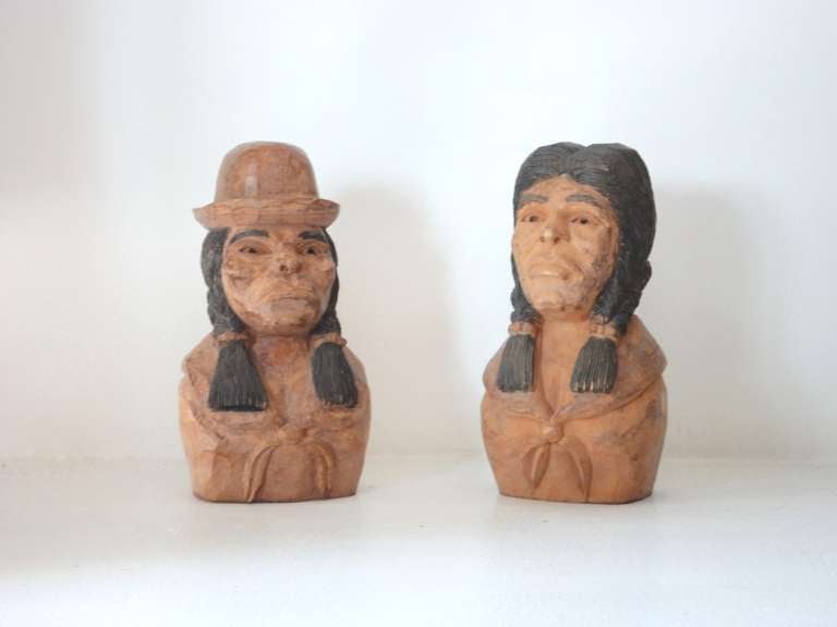 This wonderful pair of carved and painted Indians are in amazing condition with a wonderful painted surface.The man and women are both signed on the back  shoulder by the carver ,J.I.Lizio .This pair were found in New Mexico from a private