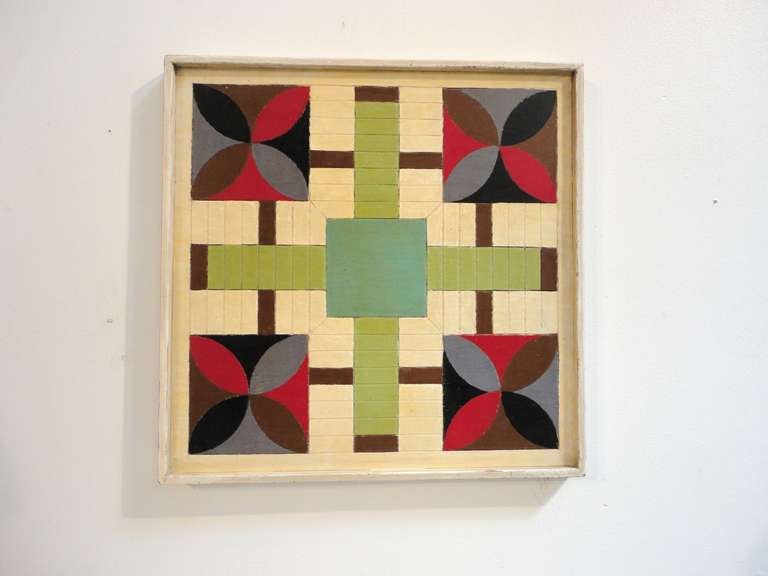Fantastic geometric parcheesi /  checker  game board . Colorful  original painted seven colors game board.This wonderful picture frame molding is reversible in wonderful  colors and condition .  