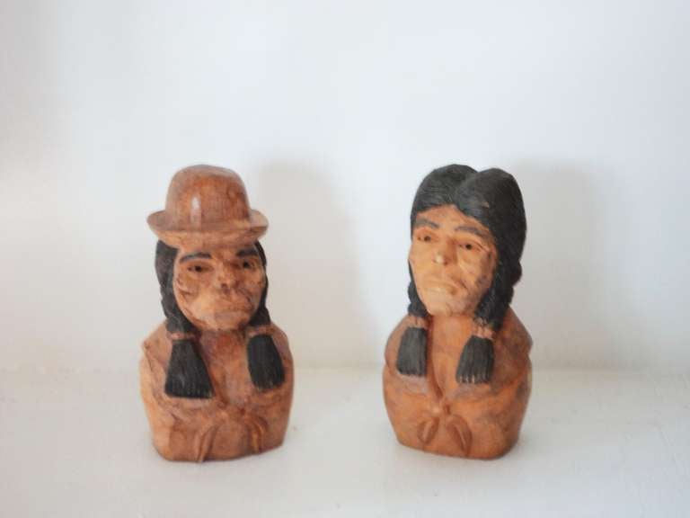 Folk Art  Pair Of Folk Hand Carved & Painted Indians -Signed J.I.Lizio For Sale