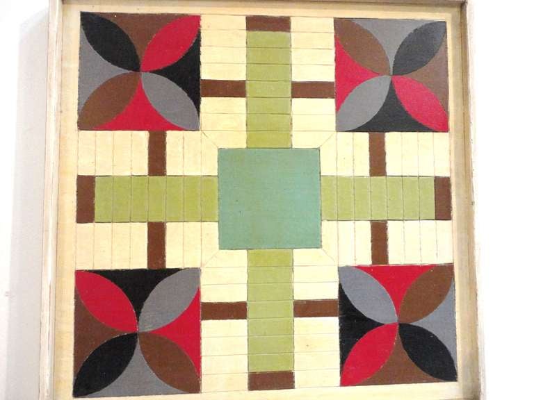 American Reversible Original Painted  20thc Parcheesi /Checker Game Board