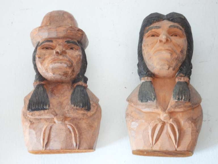 American  Pair Of Folk Hand Carved & Painted Indians -Signed J.I.Lizio For Sale
