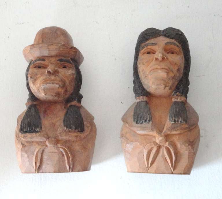  Pair Of Folk Hand Carved & Painted Indians -Signed J.I.Lizio In Distressed Condition For Sale In Los Angeles, CA